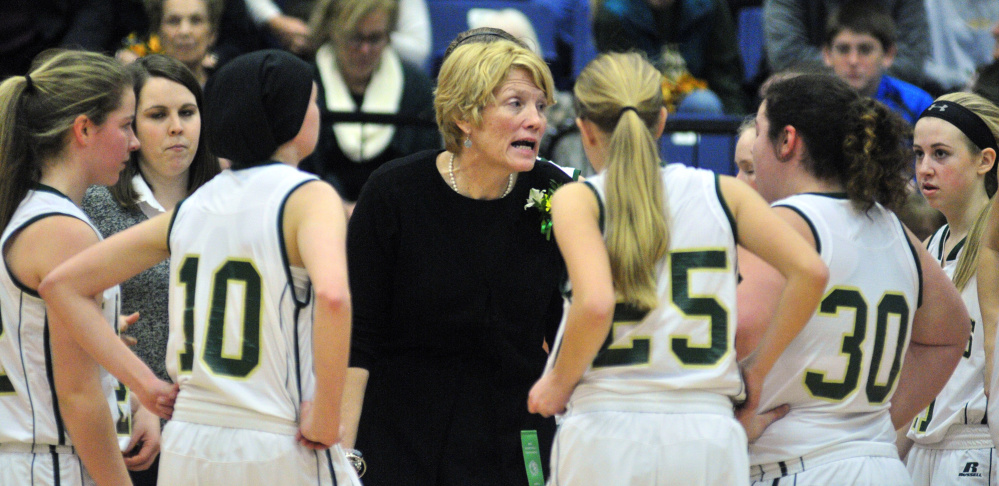 Rangeley head coach Heidi Deery talks to her team Wednesday afternoon at the Augusta Civic Center.