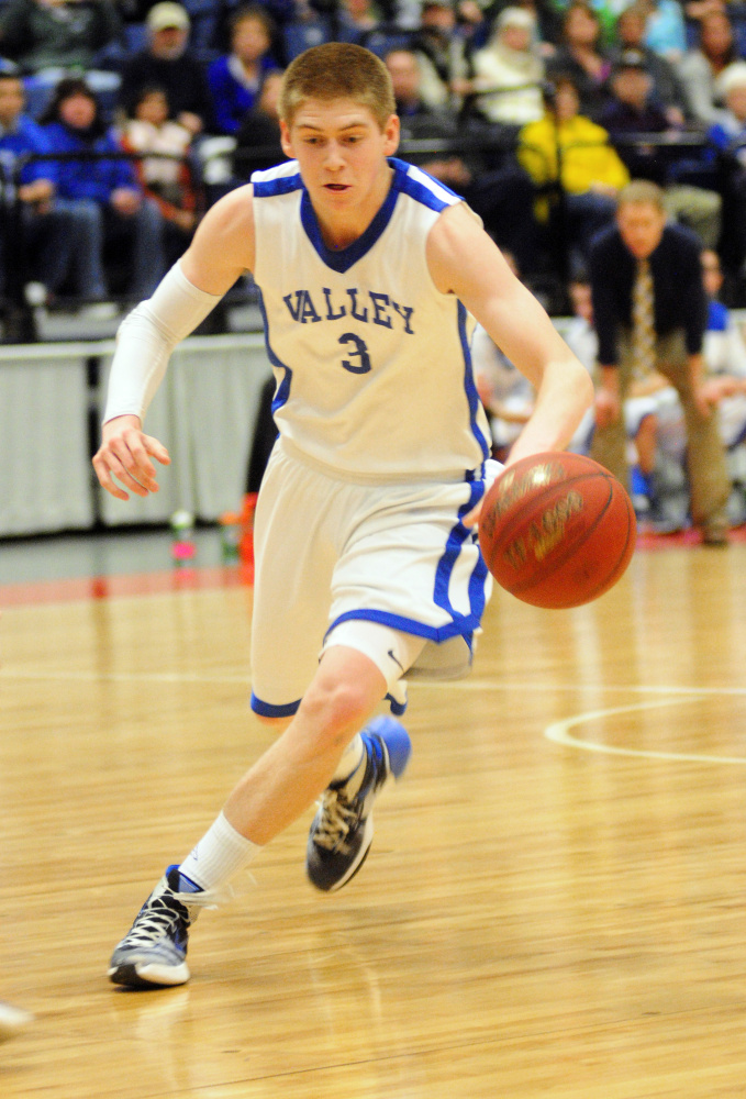 Valley standout senior Cody Laweryson heads up the court during the Class D South championship game Saturday at the Augusta Civic Center. Laweryson made six 3-pointers but also had a key block that shifted momentum in a victory over Seacoast Christian.