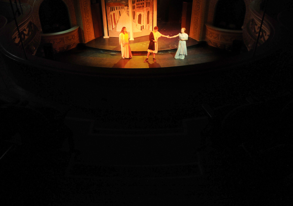 Bridget Ruffing, left, Henry Ruffing and Rachel Fulmer rehearse Shakespeare’s “A Midsummer Night's Dream” Tuesday at Cumston Hall in Monmouth.