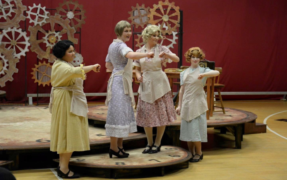 MCI students, left to right, Miranda Torres, Mikayla Carr, Emily Richmond and Harmony Austin perform “These Shining Lives.” The performance got the runnerup nod in the Maine Drama Festival over the weekend. Winner Lisbon High School is opting not to go to the New England Drama Festival, so the MCI troupe will go instead.