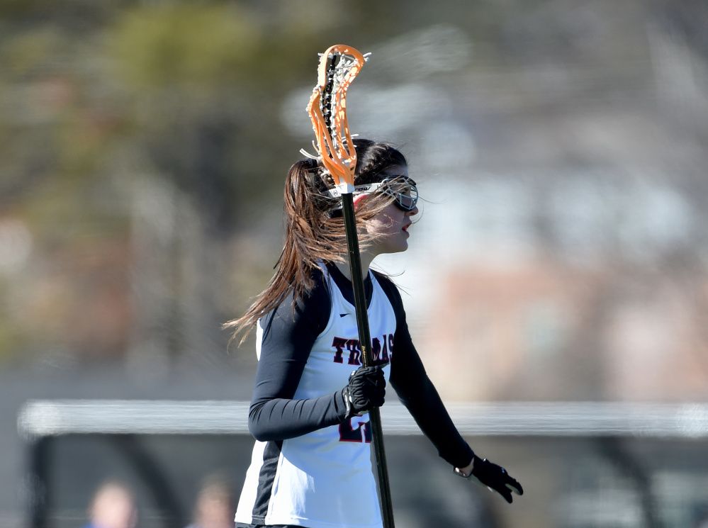 Thomas College’s Cassidy West looks for the ball during the first half of a game against St. Joseph’s on Saturday at Thomas College in Waterville. West, of Vassalboro, has played in all three games for the Terriers.