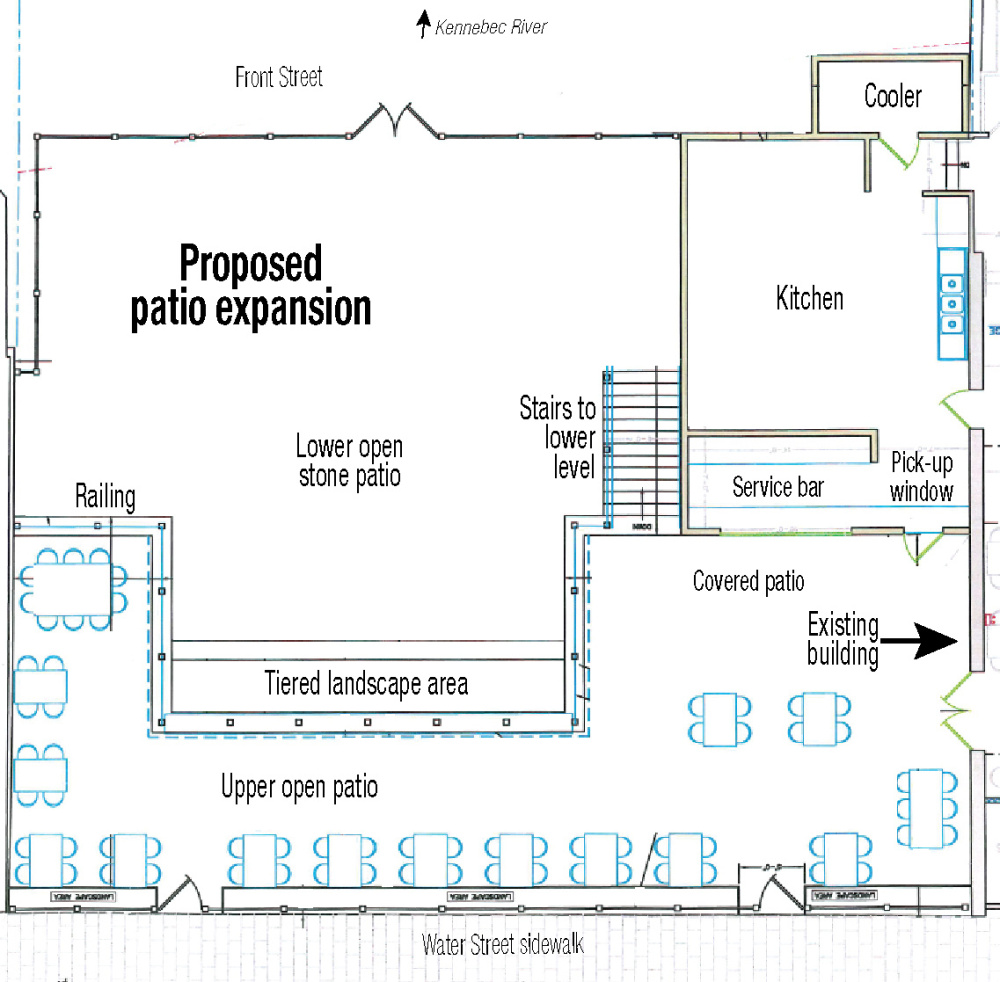 A birds-eye view of the proposed patio expansion plan for the Quarry Tap Room in downtown Hallowell.