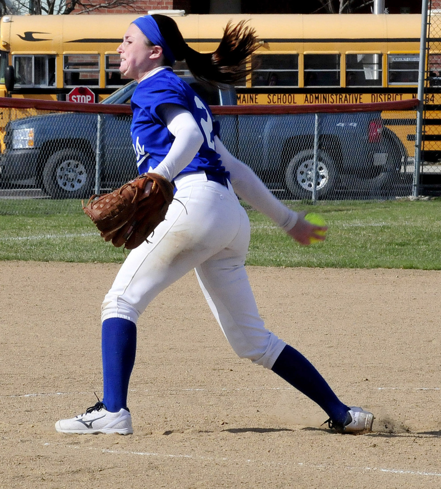 Messalonskee starting pitcher Kirsten Pelletier delivers a pitch during a game against Skowhegan on Monday afternoon.