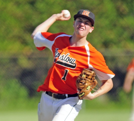 In this June 5, 2015 photo, Winslow pitcher Jake Trask throws to the plate during a Kennebec Valley Athletic Conference Class B game against Gardiner last season. On Monday, Trask was in the middle of a rare triple play for the Black Raiders.