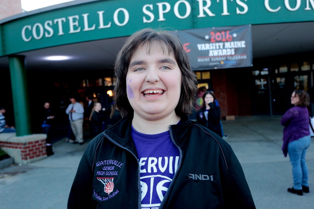 Waterville Senior High School's Lauren Anderson, who won The Unsung Hero award, arrives for the Varsity Maine Awards on Wednesday night in Gorham.