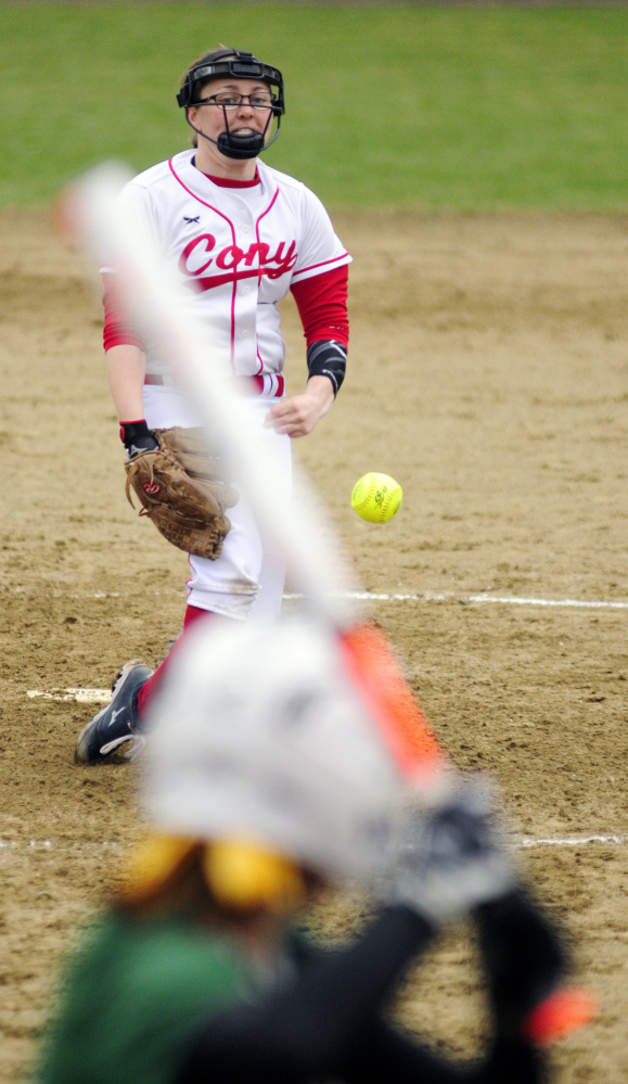 Cony pitcher Skyler Watson throws a pitch during a Kennebec Valley Athletic Conference Class A game Wednesday against Oxford Hills at Cony Family Field in Augusta.