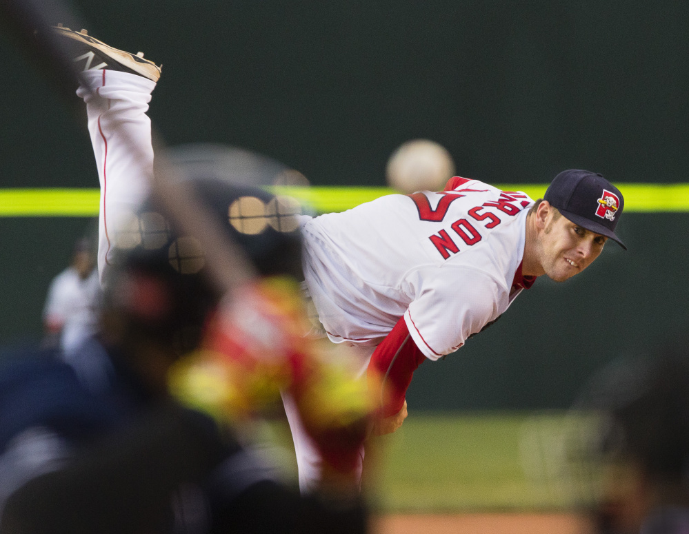 Sea Dogs Aaron Wilkerson delivers a pitch at Hadlock Field on Monday. He led Portland to a 2-0 victory over the New Hampshire Fisher Cats.
Carl D. Walsh/Staff Photographer