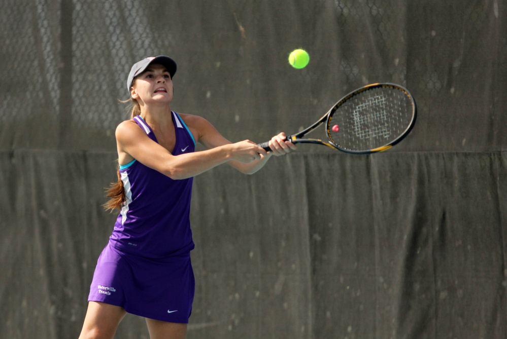 Waterville Senior High School's Sammi Saulter reaches for a backhand during her No. 2 singles match against Oceanside's Mary Allen during a Class B North quarterfinal match Thursday at Colby College. Saulter came up big Saturday for Waterville, winning a pivotal match in a 3-2 victory over John Bapst. The Panthers will next play for the regional title Tuesday against Camden Hills in Orono.