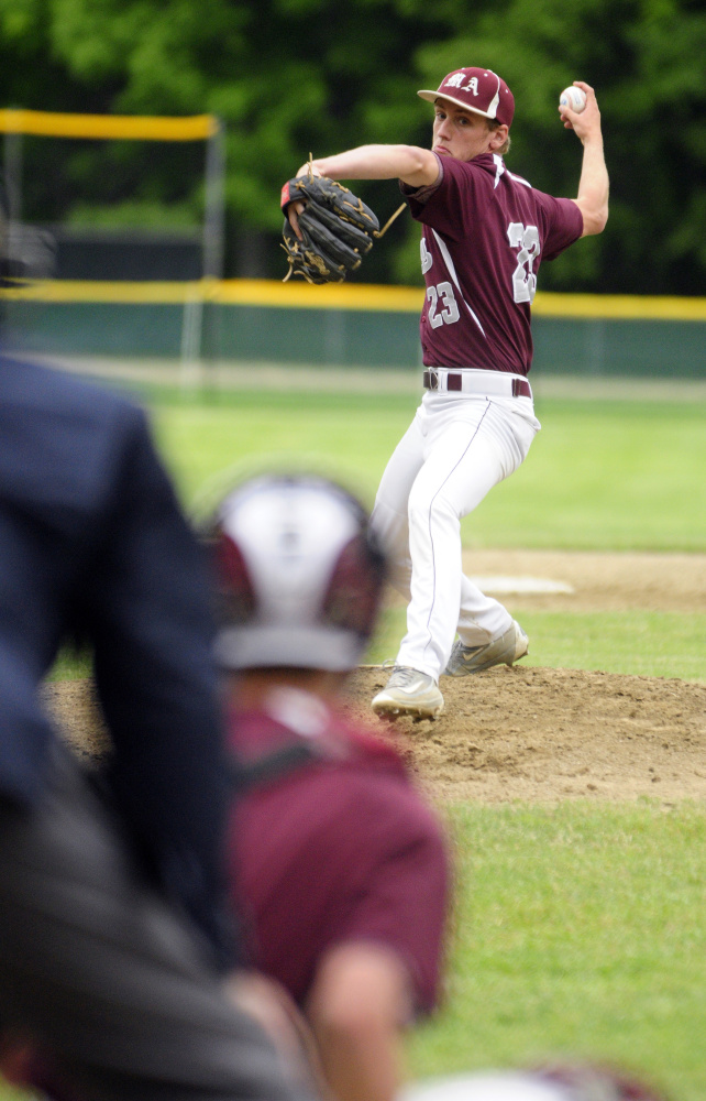 Monmouth Academy's Hunter Richardson pitches against Sacopee Valley in a Class C South semifinal game Saturday in Monmouth.