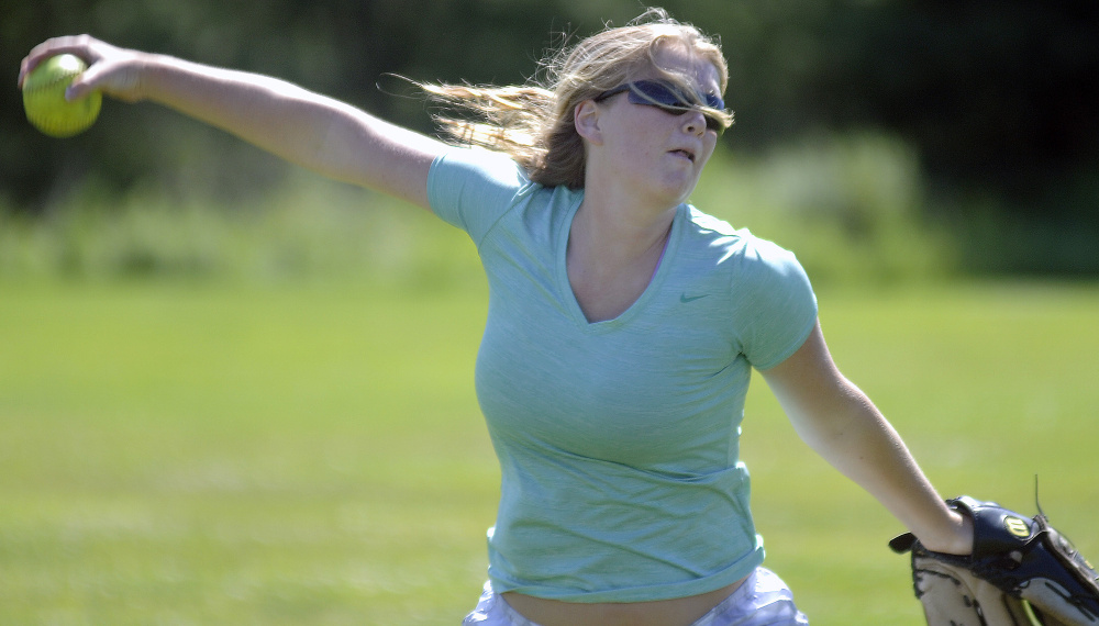 Richmond senior third baseman Kelsea Anair throws during practice Thursday in preparation of the Class D state championship game Saturday against Stearns.