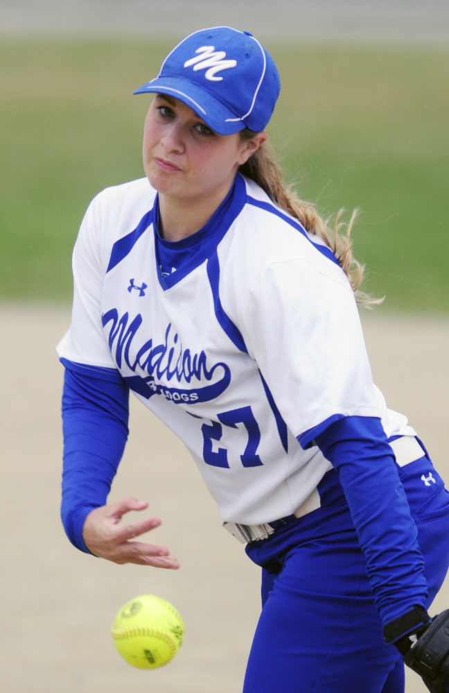 Madison pitcher Erin Whalen delivers a pitch during the Class C/D senior all star game Thursday at Cony Family Field in Augusta.