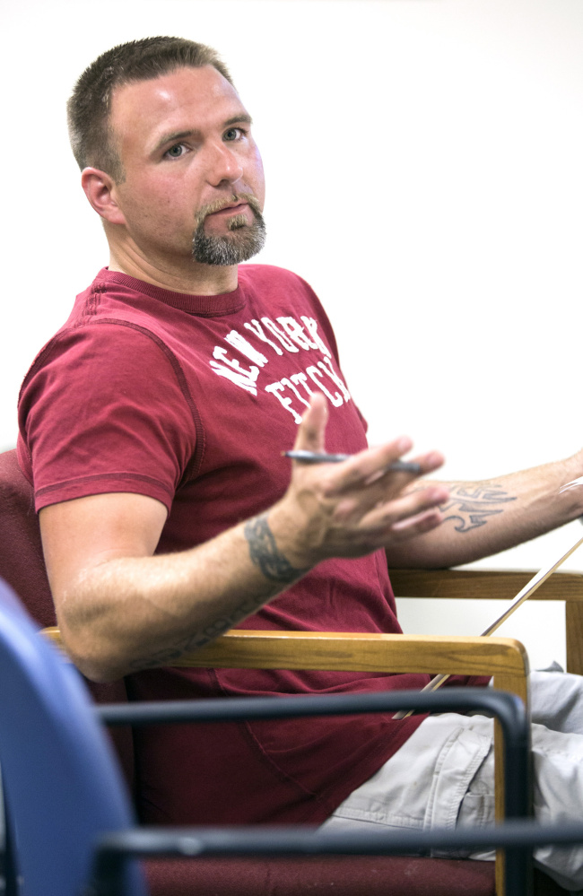 Scott Dunbar, a recovering addict, participates in a group "after care" session at Mid Coast Hospital's Addiction Resource Center last month.