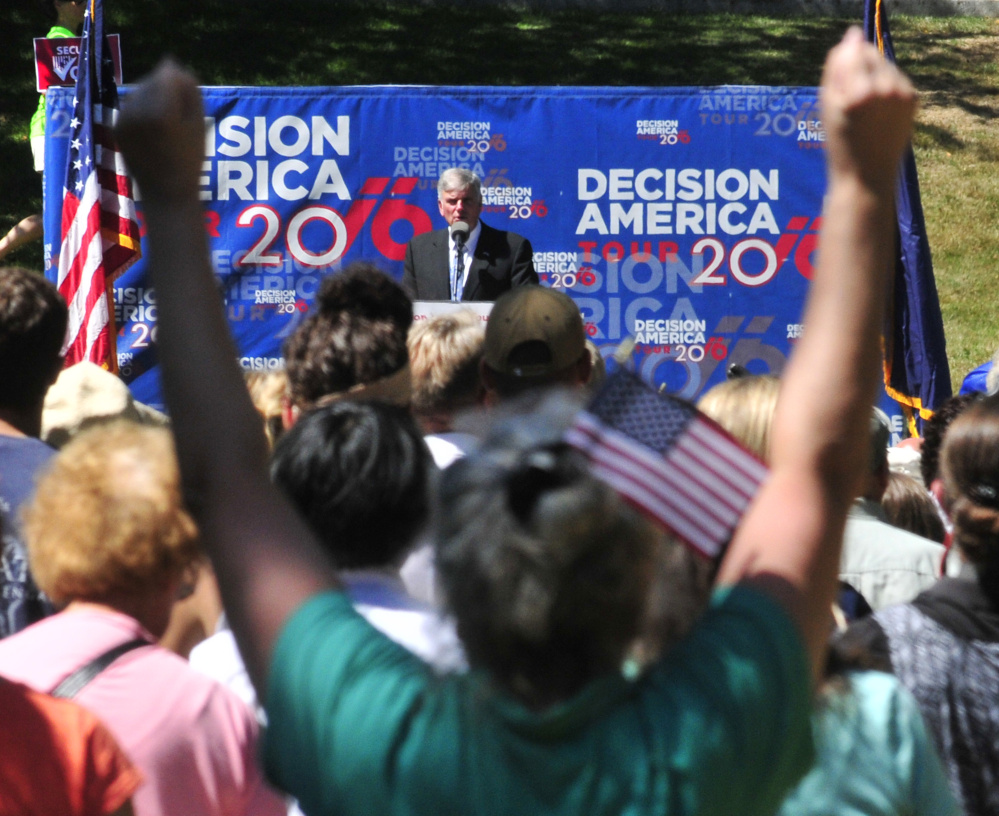 Franklin Graham, the president of Samaritan's Purse and the Billy Graham Evangelistic Association, speaks during a prayer rally Tuesday in Capitol Park in Augusta.