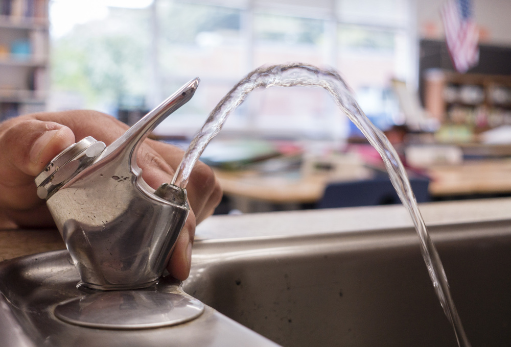 Testing showed that water from this fountain in Room 302 of Yarmouth Elementary School had lead levels that slightly exceeded federal standards, said teacher Kate Parkin.