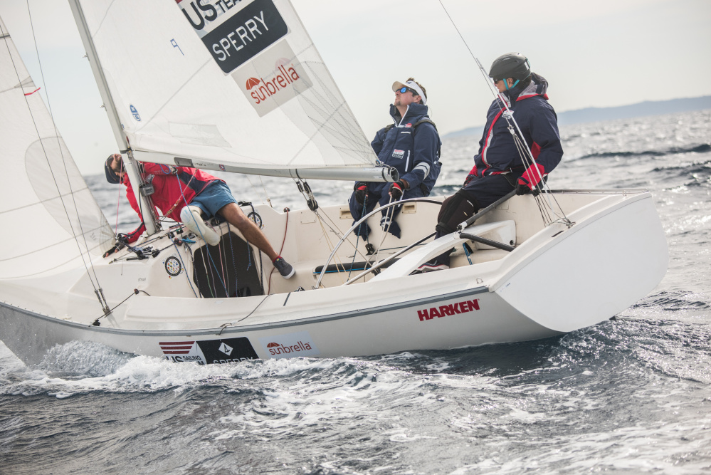 Team USA One training before the Sailing World Cup in Hyeres, France 2016. Left to right are Hugh Freund (in red), Brad Kendell (white visor) and Rick Doerr.