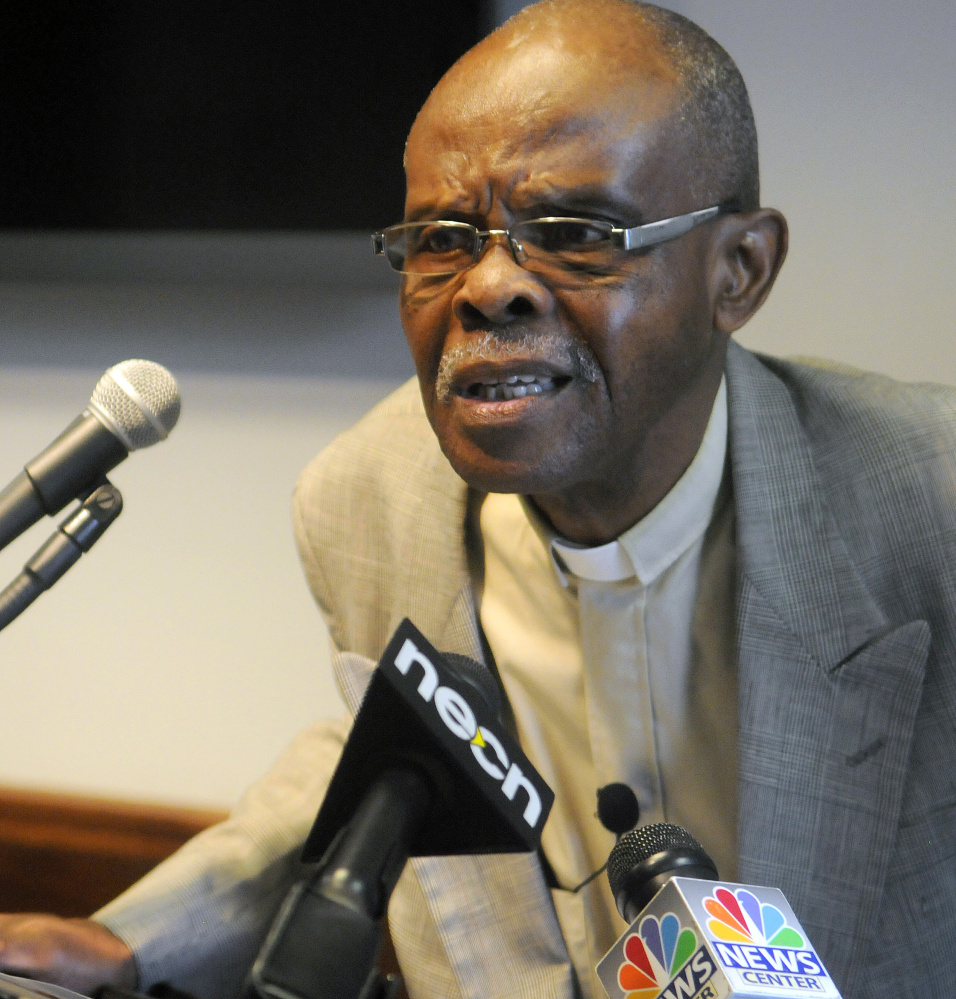 The Rev. Steven Craft strains to hear a question Wednesday during a news conference he called to discuss remarks that Gov. Paul LePage made regarding the race of people charged with drug crimes.