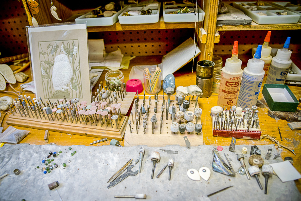 While bone carving is an ancient art, modern tools, including these drill bits, are used to carve moose bone into delicate shapes.