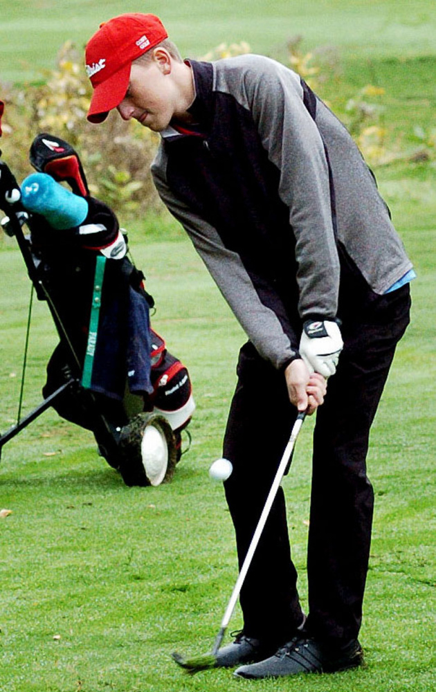 Michael Boivin of Cony chips during the Kennebec Valley Athletic Conference qualifier match Tuesday at Natanis Golf Course in Vassalboro.