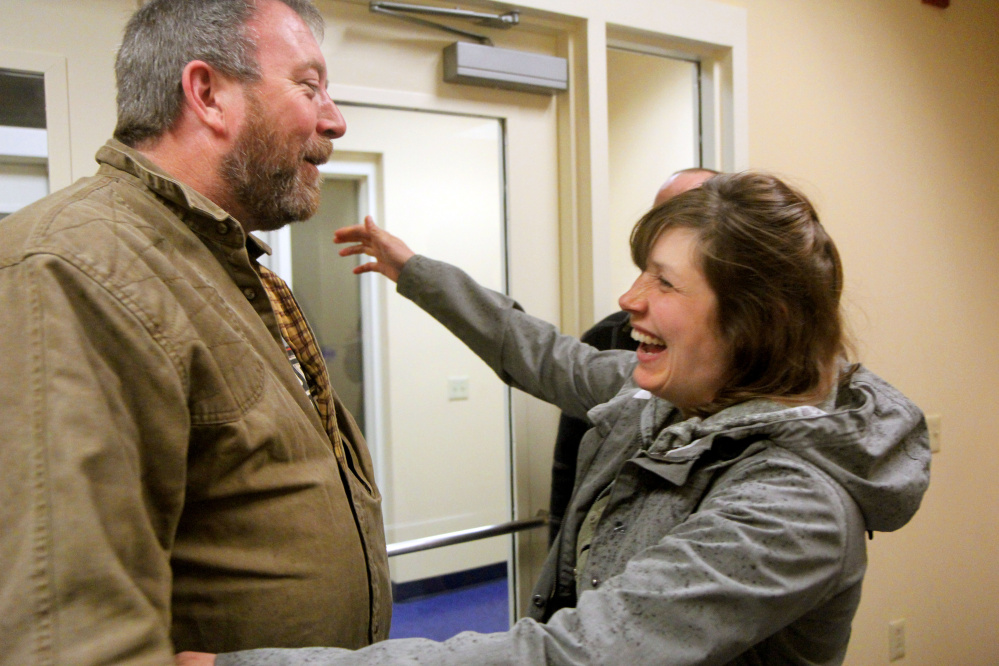 For the first time since her Oct. 10 car accident, Erin Kaye of Durham greets the man she believes saved her life. Truck driver Scott Landon, of Burnham, came to Kaye's aid after she lost control of her car while traveling south to work on Interstate 295 in Falmouth.