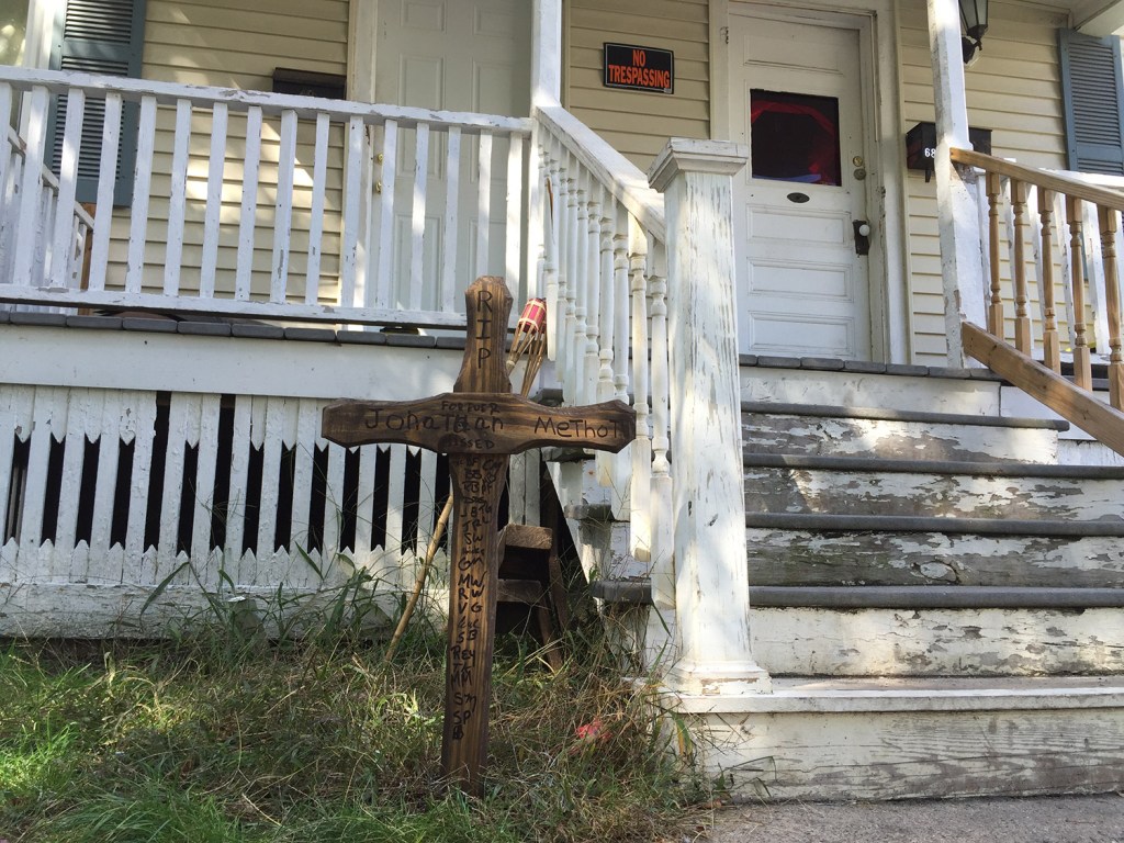 A memorial was erected outside the Biddeford duplex where Jonathan Methot, 30, was shot and killed about 1 a.m. on Sept. 26. Timothy Ortiz, 20, of Brooklyn, N.Y., appeared in court Monday to face a murder charge.