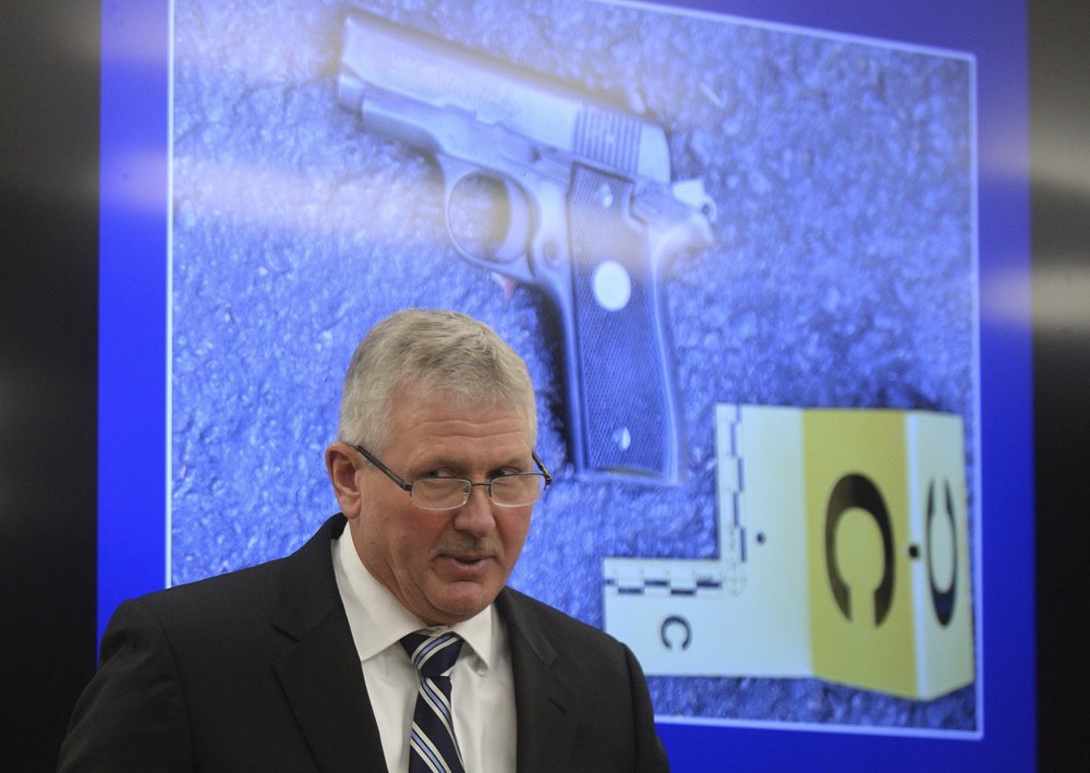 District Attorney Andrew Murray shows reporters a presentation Wednesday to support his conclusion that the police shooting of Keith Lamont Scott in Charlotte, N.C., on Sept. 20 was justified.