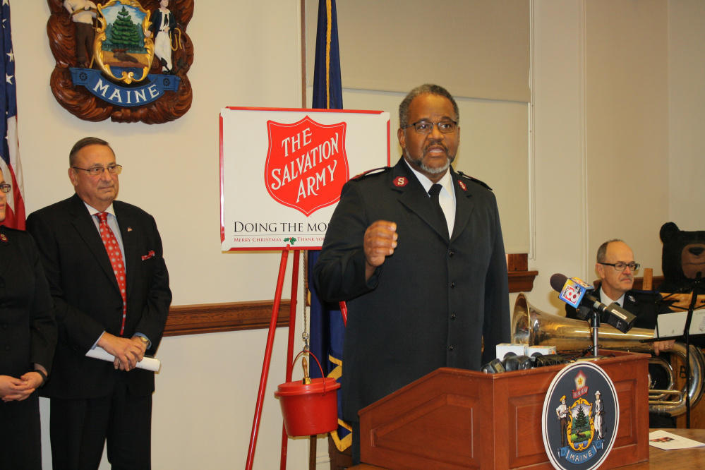 Maj. Raphael Jackson, divisional commander. speaks during the Salvation Army kickoff of its annual Christmas Kettle Effort Nov. 9 in Augusta.