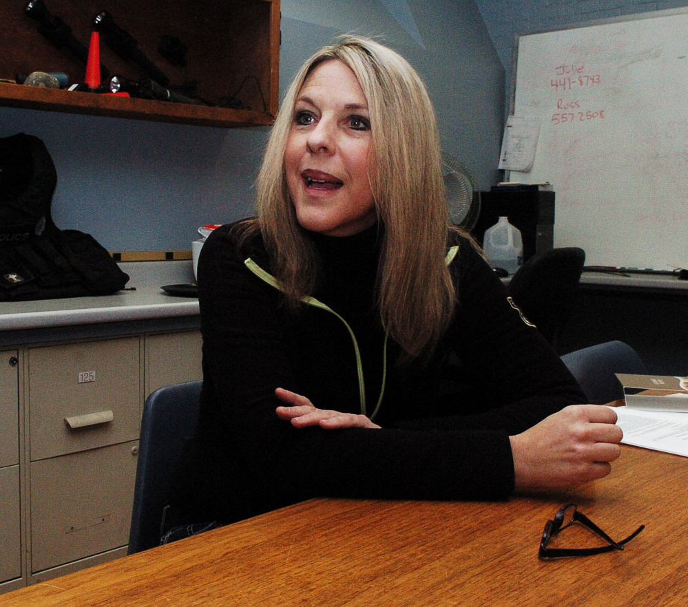 Skowhegan police officer Kelly Hooper speaks fondly about her years in law enforcement in area departments on Thursday. Hooper is taking a new career position in Kalispell, Montana.