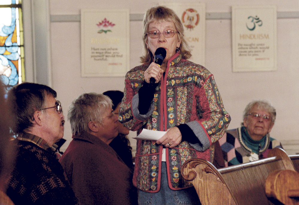 Linda Woods comments Sunday during a service at the Unitarian Universalist Church in Waterville, where guest speaker Quinn Gormley, president of the Maine Transgender Network, spoke on transgender issues.