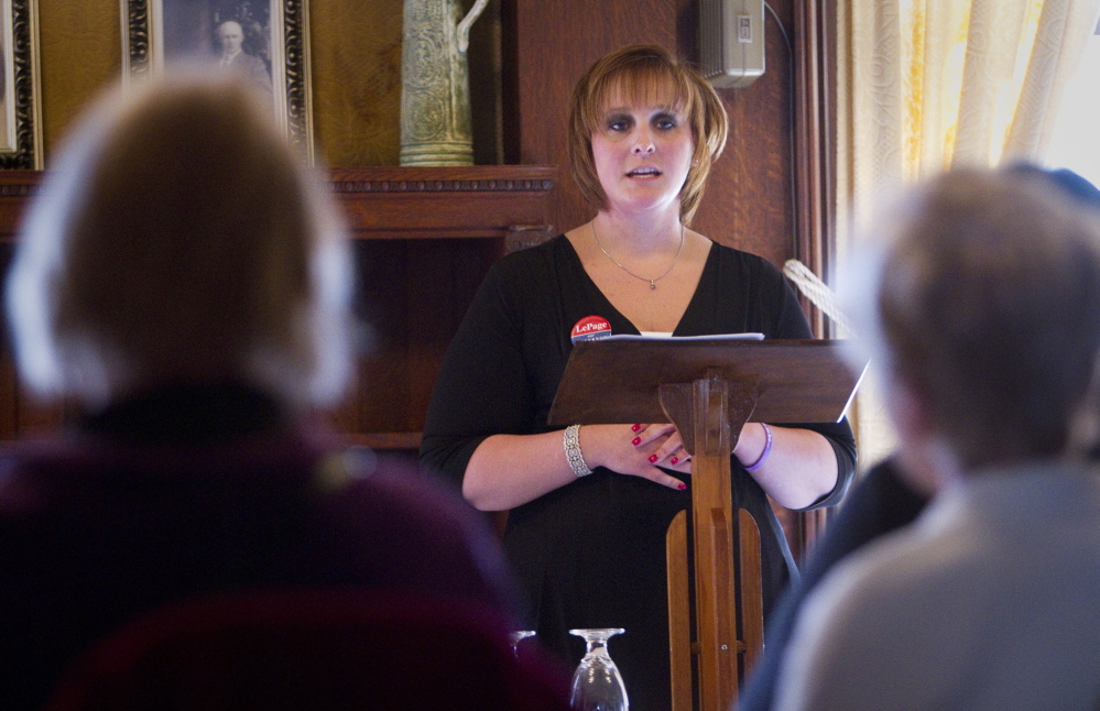 Lauren LePage, daughter of Gov. Paul LePage, addresses members of the Women's Legislative Council of Maine on behalf of her father April 17, 2014, at the Governor Hill Mansion in Augusta. Lauren LePage recently was appointed to serve on the Waterville Planning Board and now has submitted nomination papers for an open seat on the Waterville City Council, following in the footsteps of her father, who was a Waterville councilor before serving as mayor.