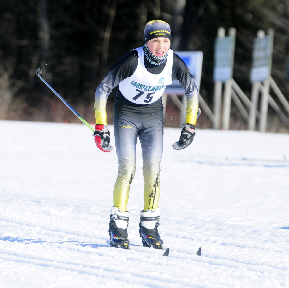 Maranacook's Carter McPhedran skis during the Hornet Classic last month at Leavitt Area High School in Turner.