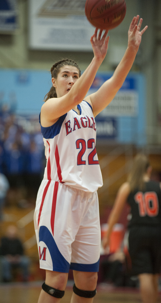 Messalonskee senior McKenna Brodeur shoots during a Class A North quarterfinal game against Gardiner at the Augusta Civic Center.