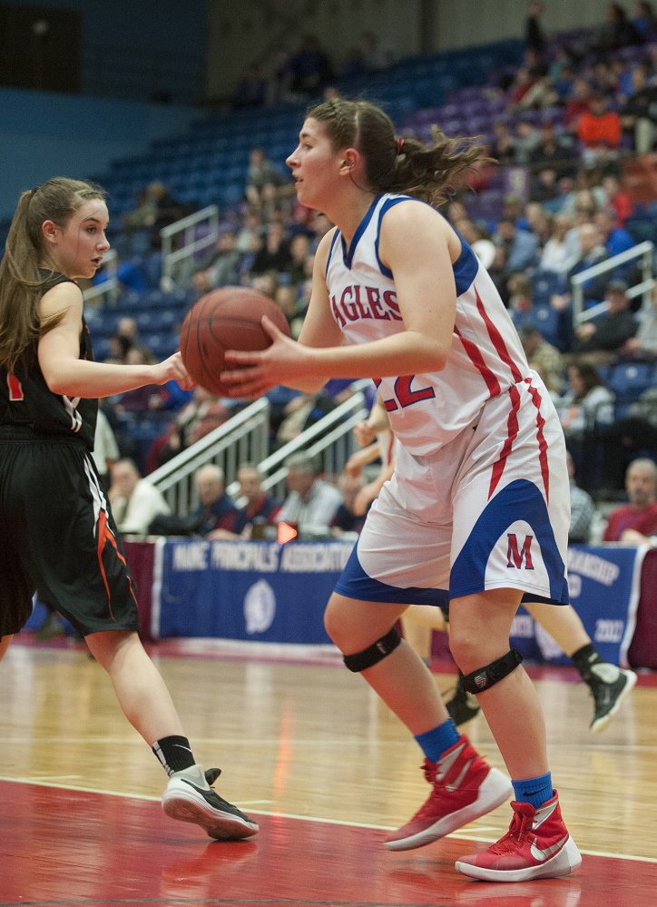 Messalonskee senior McKenna Brodeur looks to shoot during a Class A North quarterfinal game against Gardiner at the Augusta Civic Center.