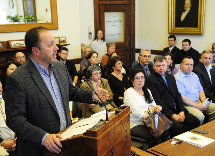 Penobscot Nation Chief Kirk Francis speaks at a hearing on Thursday in the Judiciary Committee room in the State House in Augusta. Chief Brenda Commander, Houlton Band of Maliseets, Chief Edward Peter-Paul, Aroostook Band of Micmacs, Chief William Nicholas, Indian Township Passamaquoddy reservation, Chief Ralph Dana, Pleasant Point Passamaquoddy reservation, listen in the front row.