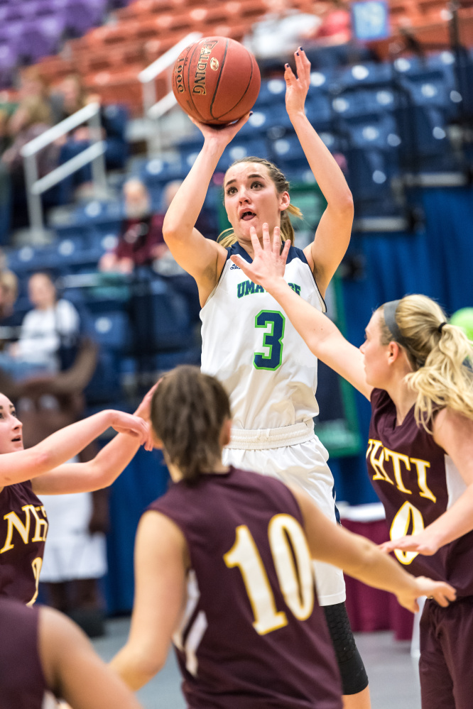 Jamie Plummer (3) shoots during a Feb. 8 game against New Hampshire Technical Institute. Plummer earned Yankee Small College Conference player of the year honors.