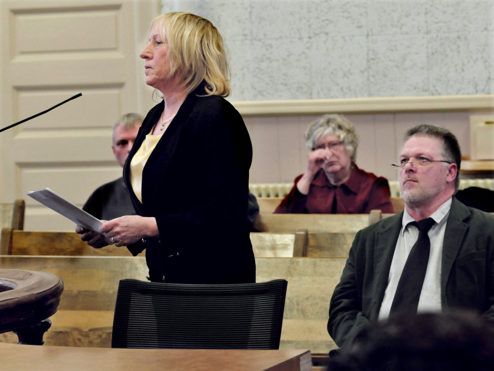 Leiza Hirtz-Scerbo and Jerry Allen, of Care and Share Food Closet, speak Thursday in Franklin County Superior Court in Farmington about the effect of Mary O'Donal theft of about $300,000 from the organization.