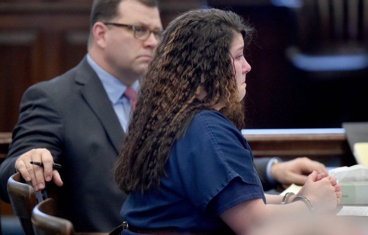 Kayla Stewart sits with her attorney, John Martin, after entering a guilty plea to a manslaughter charge in January in connection with the death of her newborn son during court proceedings in Somerset County Superior Court in Skowhegan. Stewart was sentenced to 15 years in prison, with all but nine years suspended.