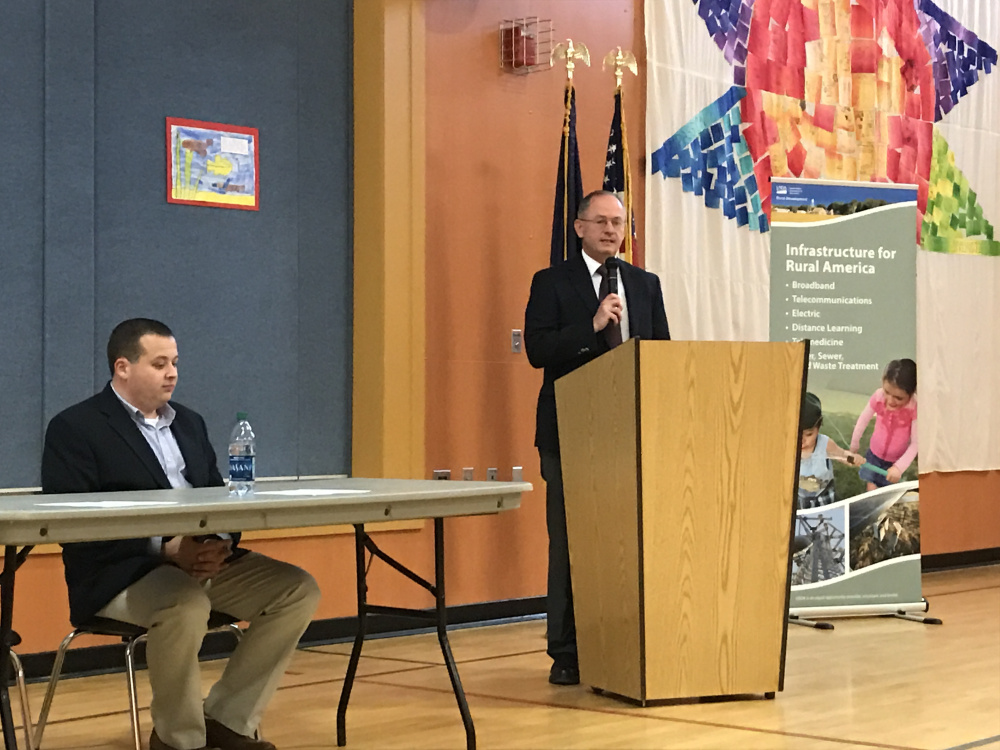 Norridgewock Town Manager Richard LaBelle, left, and Tommy Higgins, the acting state director for the U.S. Department of Agriculture's Rural Development program, announce a $5 million funding package that will pay for repairing the town's aging wastewater treatment facility.