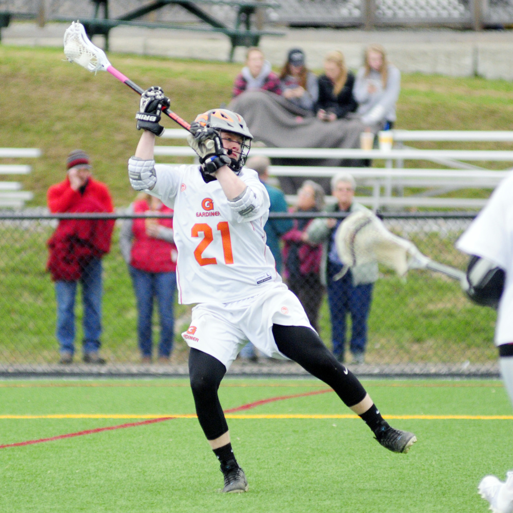 Gardiner's Sloane Berthiaume winds up and then scores his team's first goal against Cony during a Kennebec Valley Athletic Conference Class B game Thursday at Lincoln Academy in Newcastle.