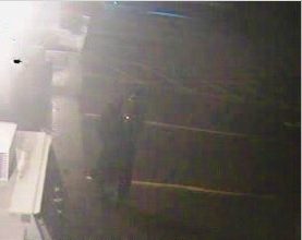 A surveillance photo from Annie’s Market in Sidney shows the suspect police believe damaged the convenience store early Sunday morning. The suspect was described as a man who was wearing jeans, a skull face mask and a dark trench coat. 