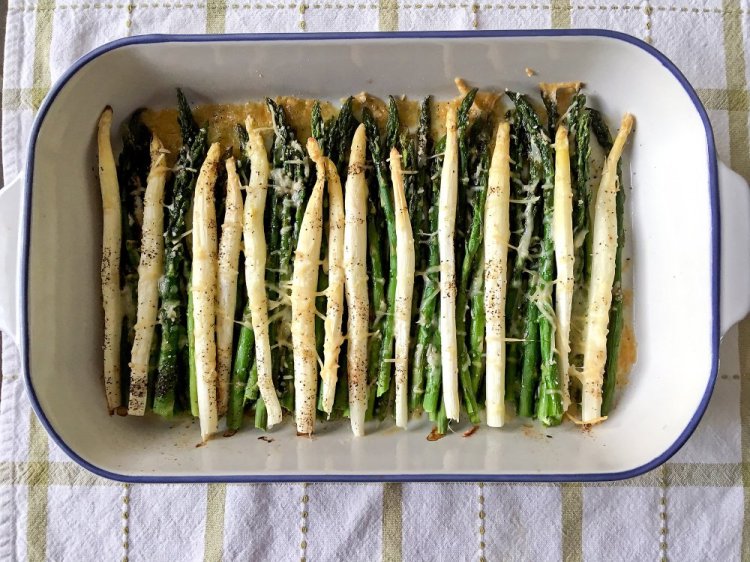 Roasted white and green asparagus with Parmesan and Romano.