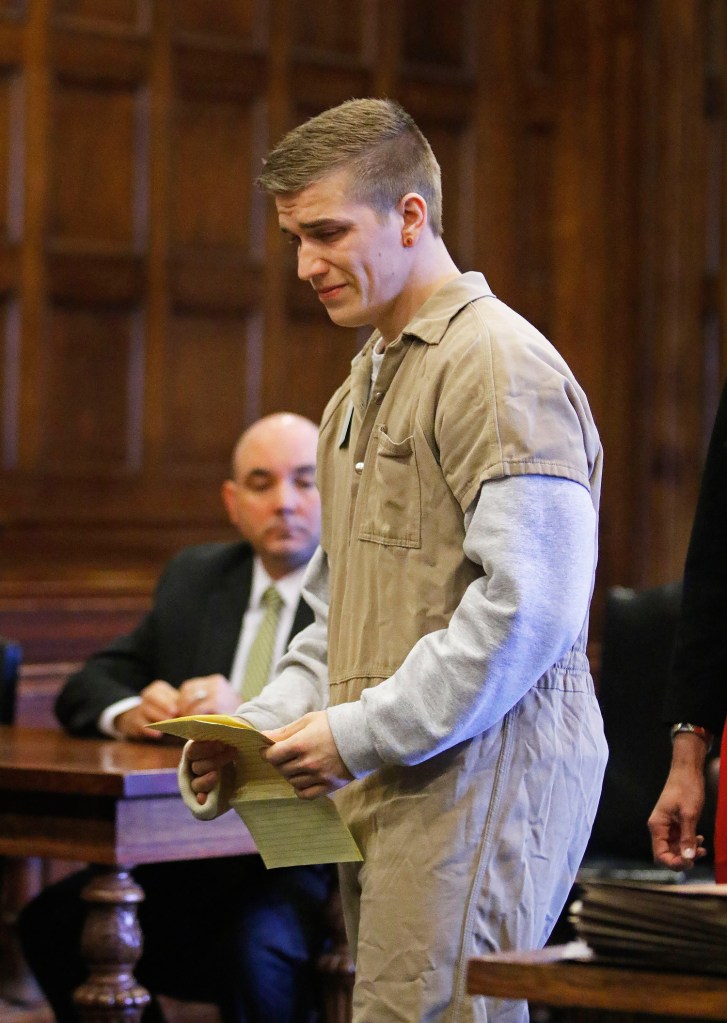 Eugene Martineau, who pleaded guilty in the killing of his infant son in November 2015, prepares to speak before his sentencing in Cumberland County Superior Court in Portland on Tuesday.