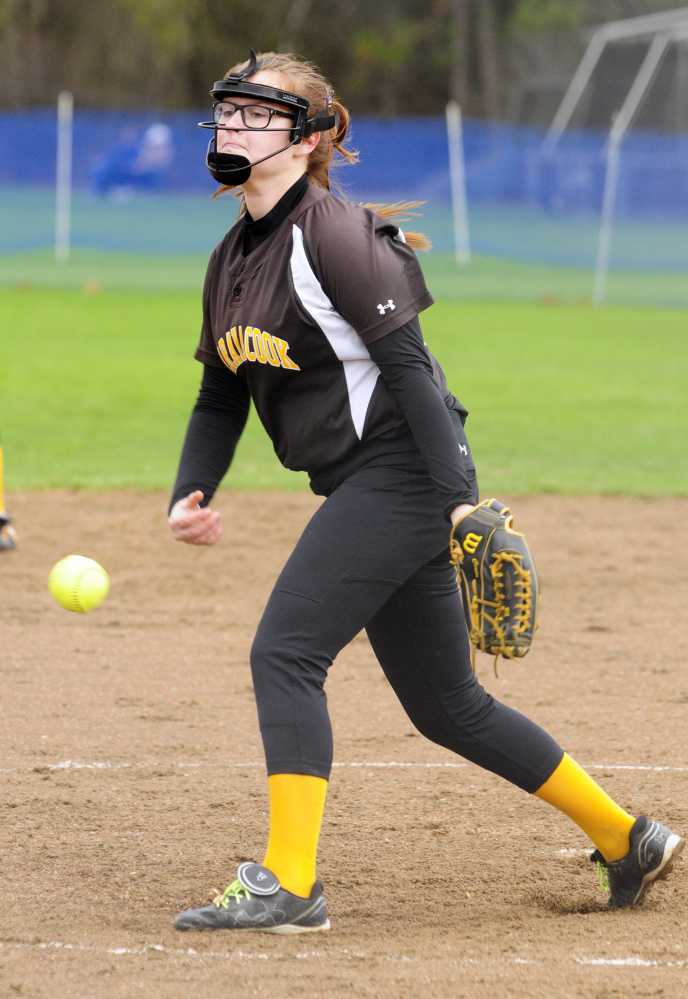 Maranacook's Paige Costa throws against Erskine during a game Wednesday in South China.