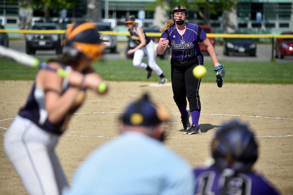 Waterville senior Madison Clowes pitches against Medomak in the first inning Wednesday in Waterville.