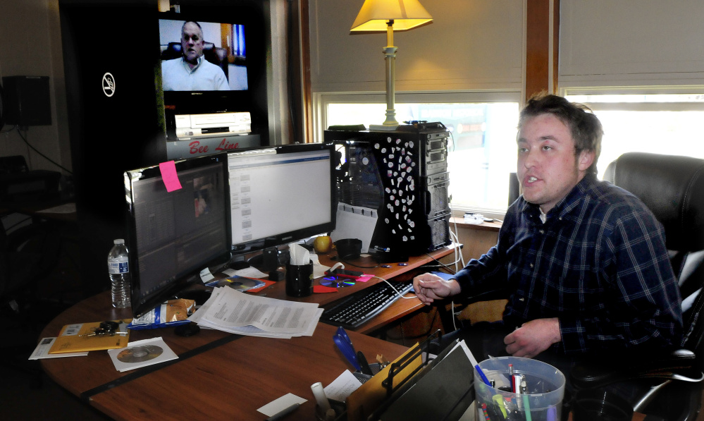 John Harlow, in his office Wednesday where he edits shows for Somerset Community TV 11, tells how when he first started at the station the programming was played off DVDs. Now broadcast material is downloaded on to a server.