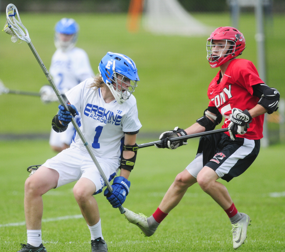 Erskine's Cameron Tyler, left, tries to get past Cony defender Jakob Arbour on Tuesday in South China.