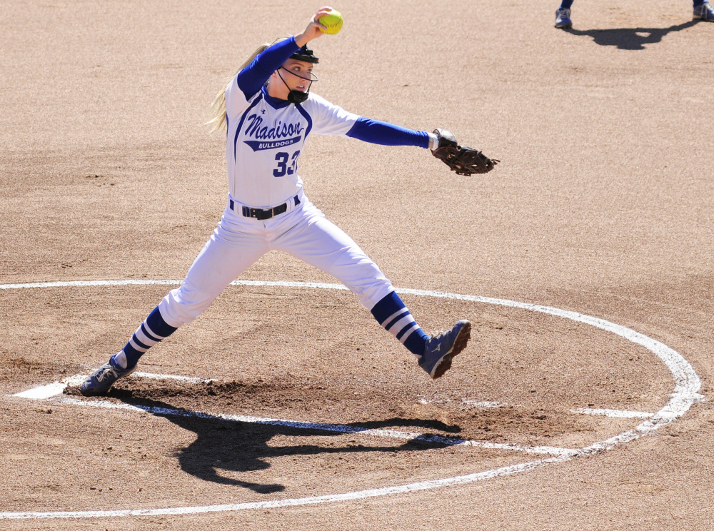 Madison pitcher Madelin Wood throws from the circle during the Class C South championship game Wednesday at St. Joseph's College in Standish.