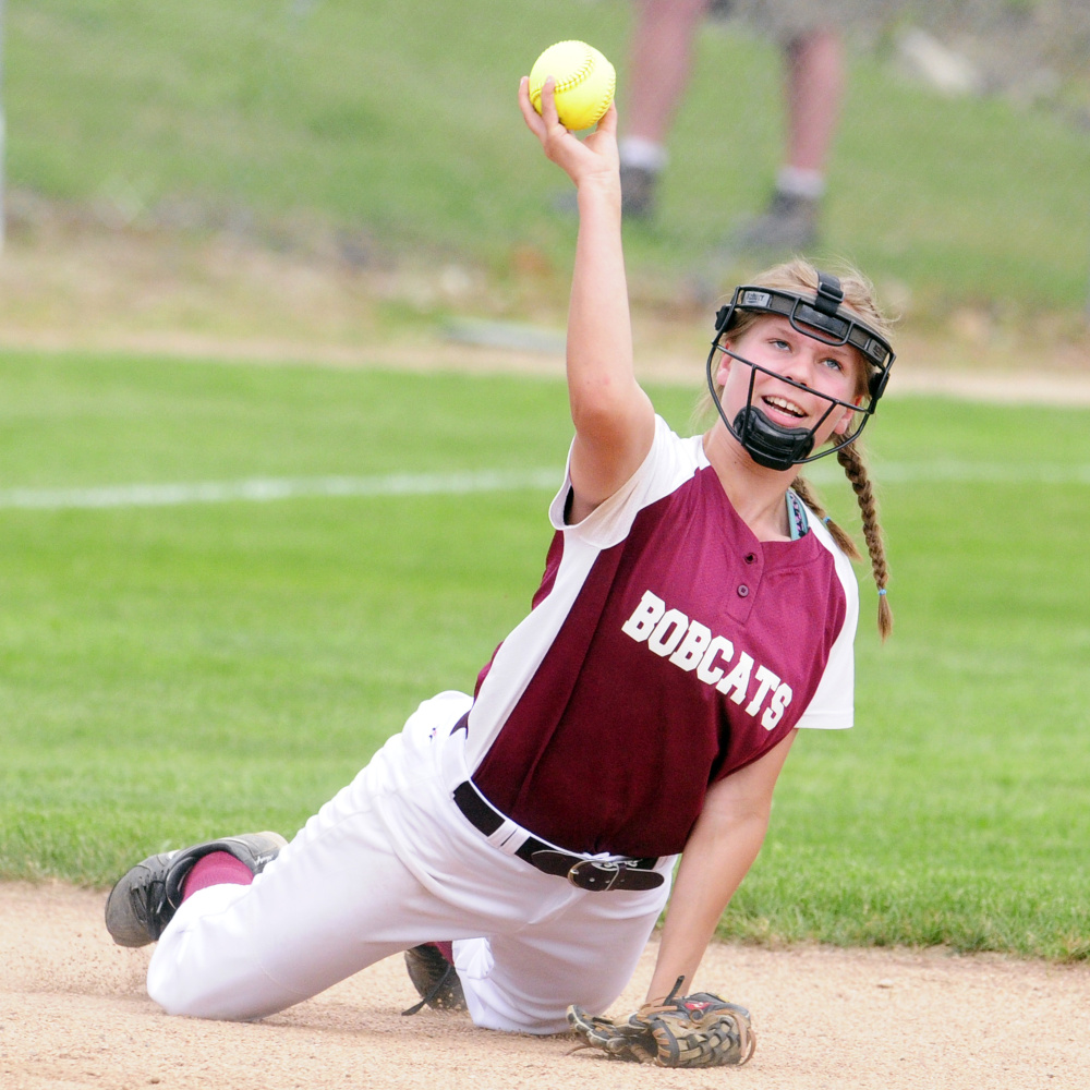 Richmond shortstop Caitlin Kendrick tosses a ball during the Class D South regional final Tuesday at St. Joseph's College in Standish.