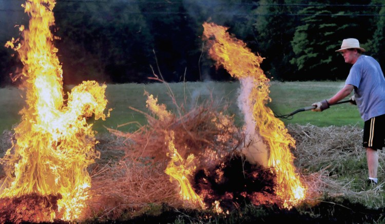 Peter Clifford throws a pitchfork full of burning brush to ignite another pile while he and his father, Roger, burned a field in Benton on August 25, 2014.