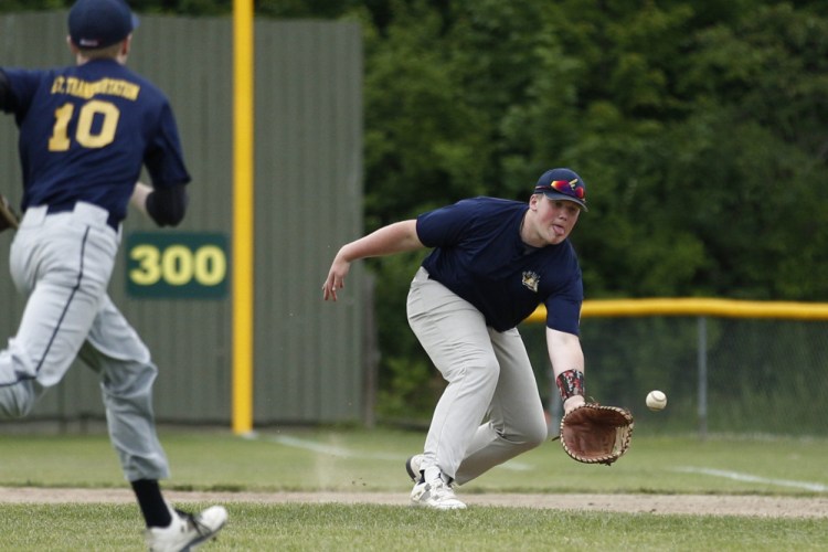 Augusta first baseman Cole Lockhart makes the play for an out against Gardiner during an American Legion baseball game Thursday in Augusta.