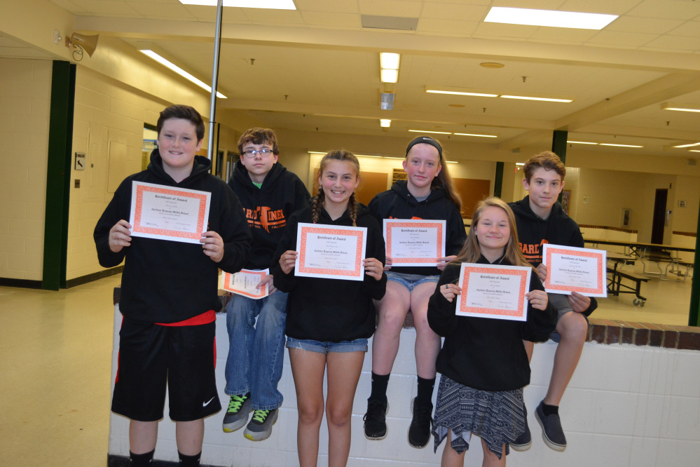 Gardiner Regional Middle School's Falcons of the Month for the fourth quarter of the 2016-17 academic year, from left, are Trevor Marks, Sam Farley, MacKenna Cote, Leah Pushard, Alexa Poulin and Brenden Haskell.